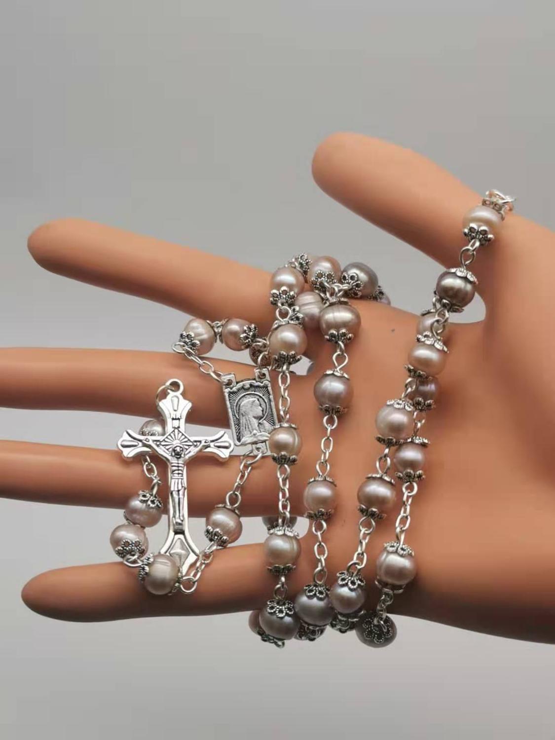 Pearl rosary curved needle cross necklace