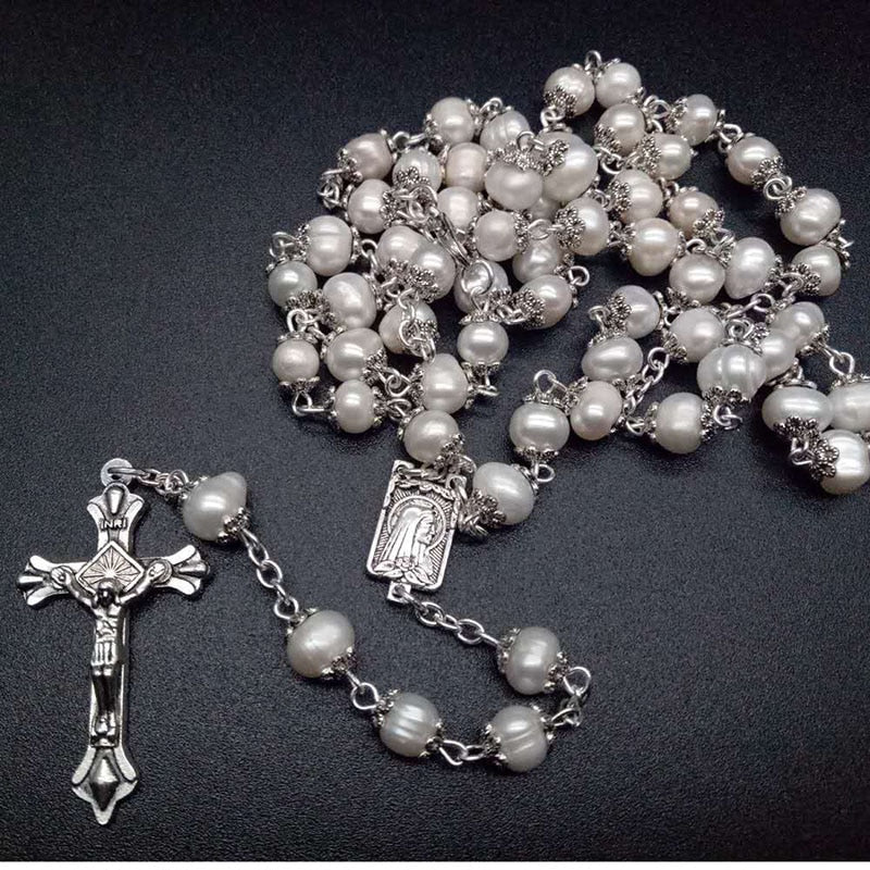 Pearl rosary curved needle cross necklace