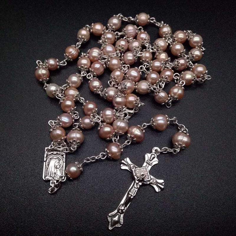 Pearl rosary curved needle cross necklace