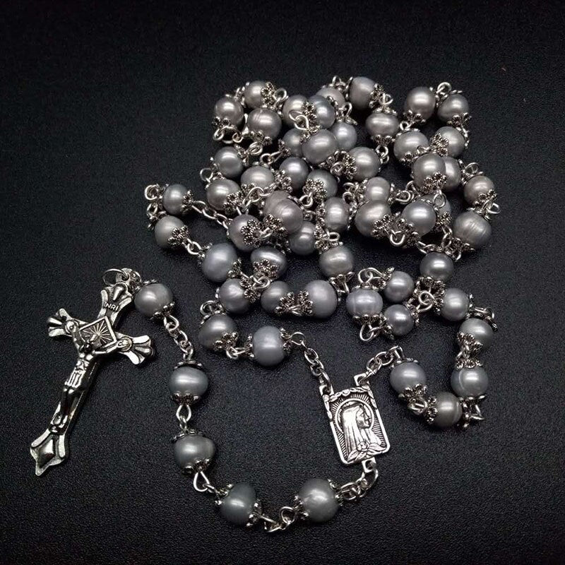 Pearl rosary curved needle cross necklace