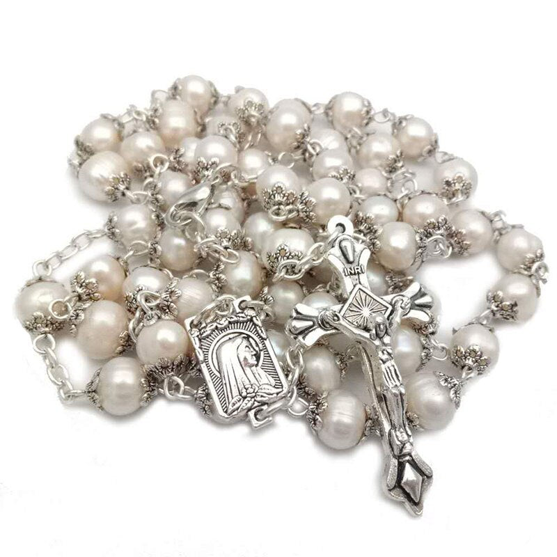 Pearl rosary curved needle cross necklace