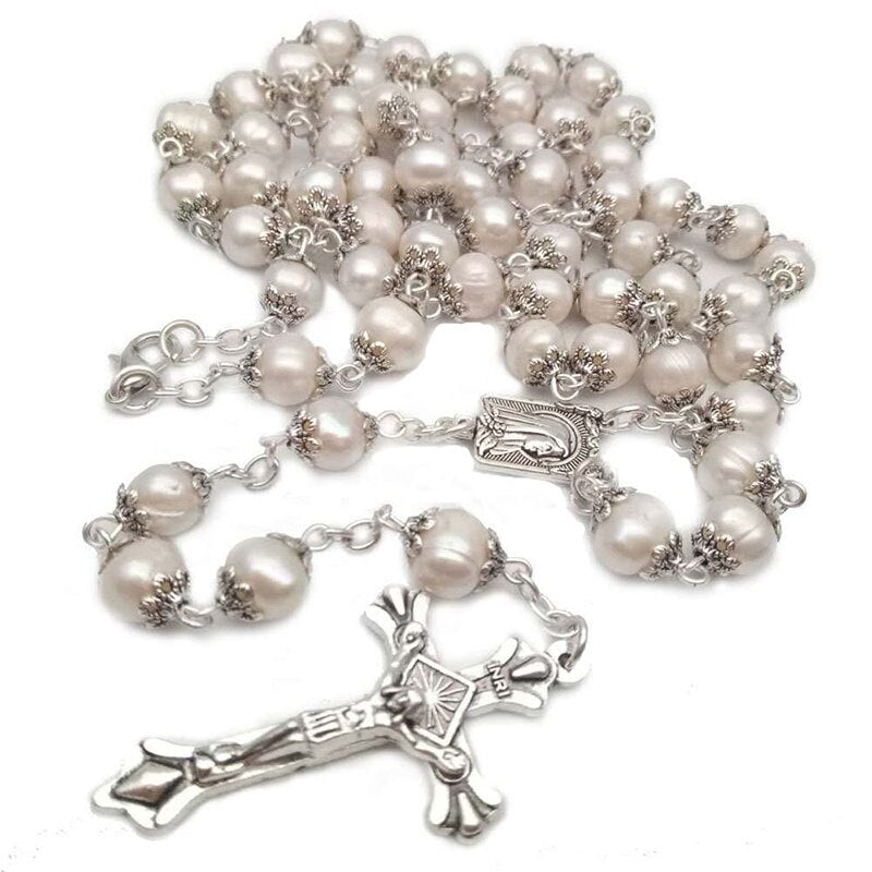 Pearl rosary curved needle cross necklace