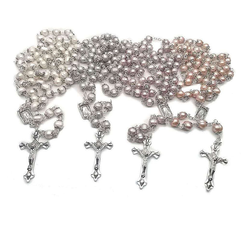 Pearl rosary curved needle cross necklace